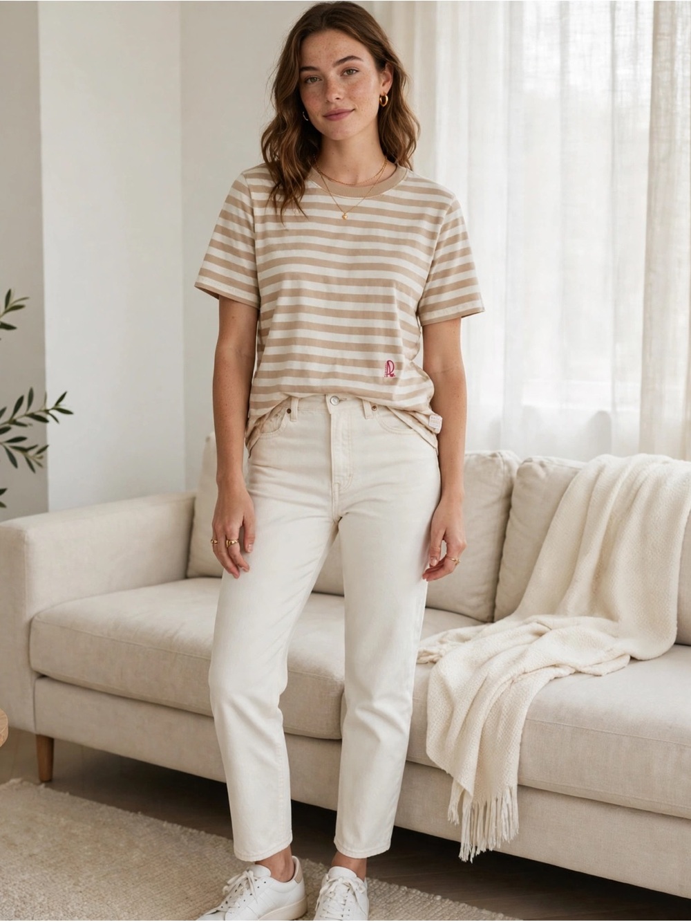 G-STAR RAW S STRIPED T SHIRT TAN CREAM EMBROIDERED LOGO COTTON CREWNECK